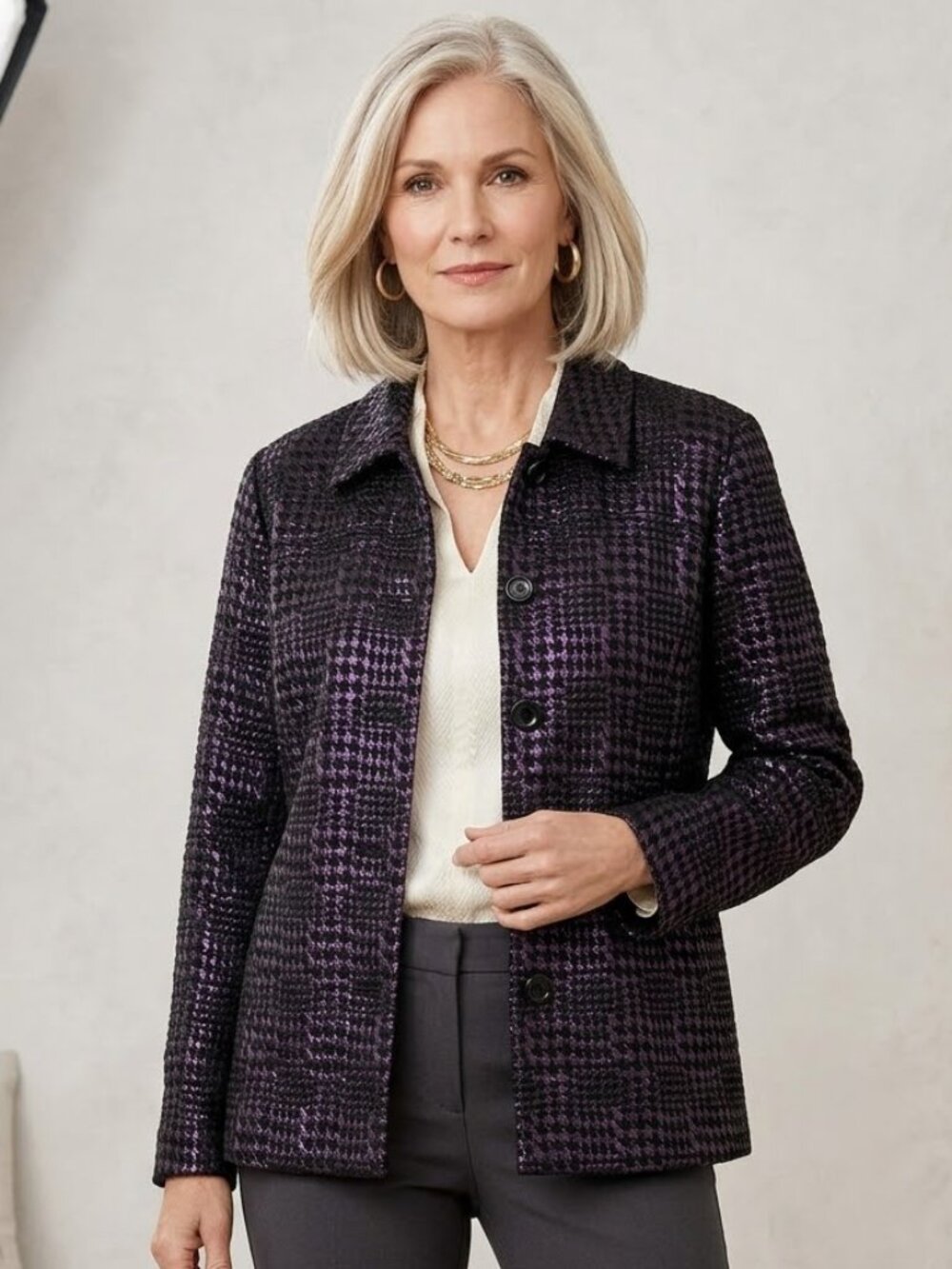 Chico’s Additions NWT black purple sparked contrast Galway button jacket, XL